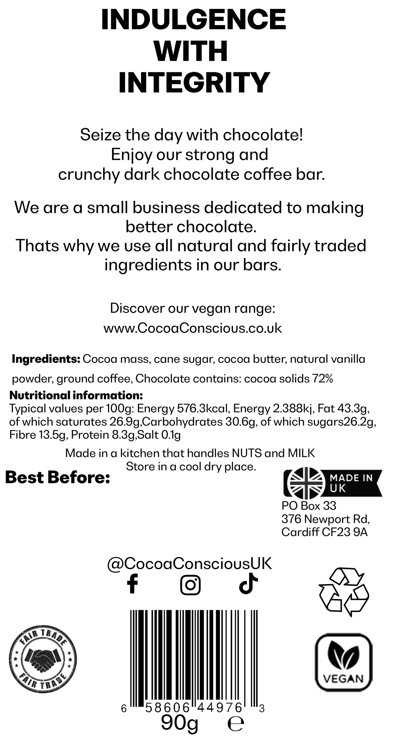 Coffee Dark Chocolate Bar 90g