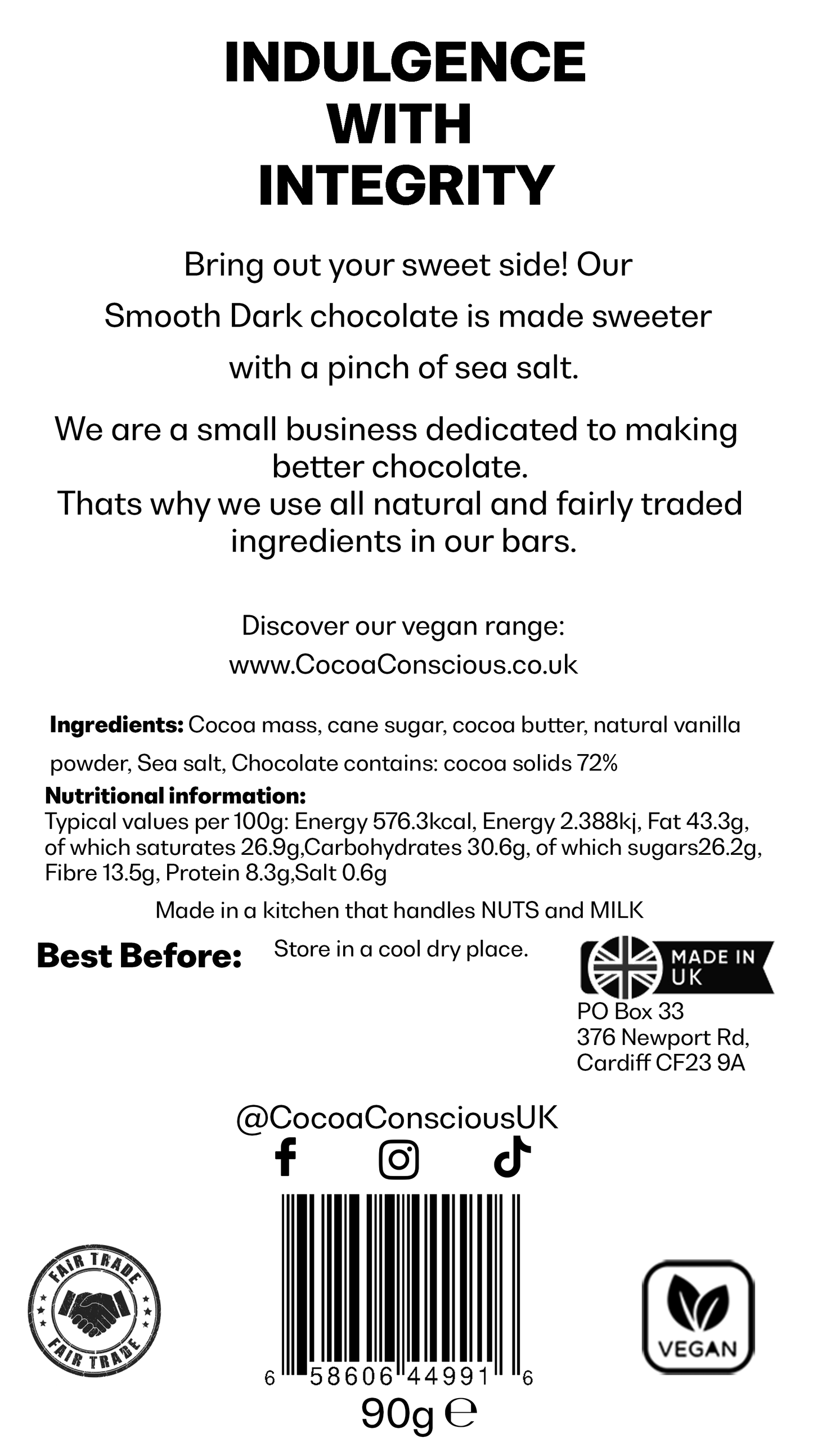 Sea Salt Dark Chocolate bar 90g