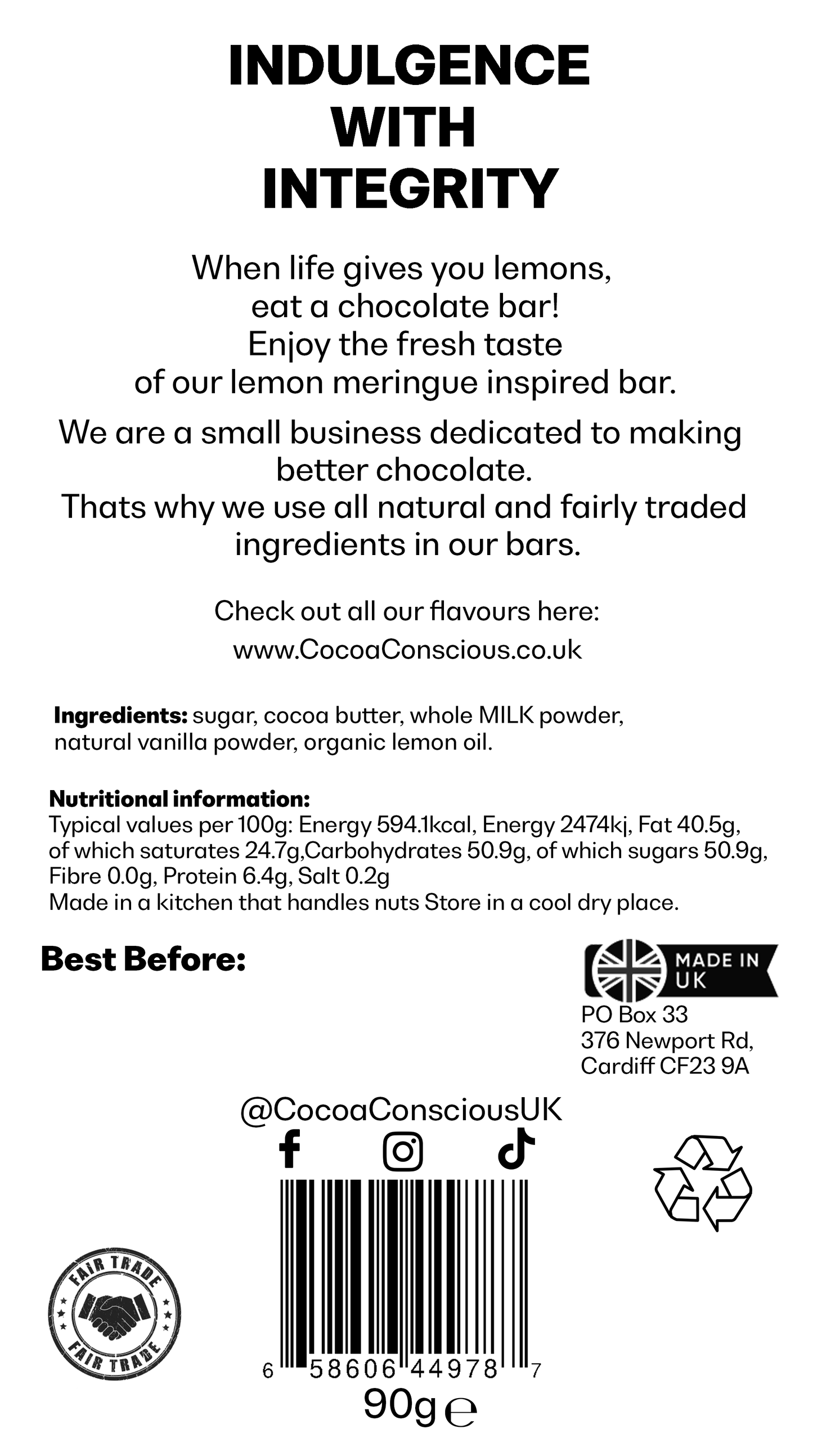 Lemon White Chocolate Bar 90g