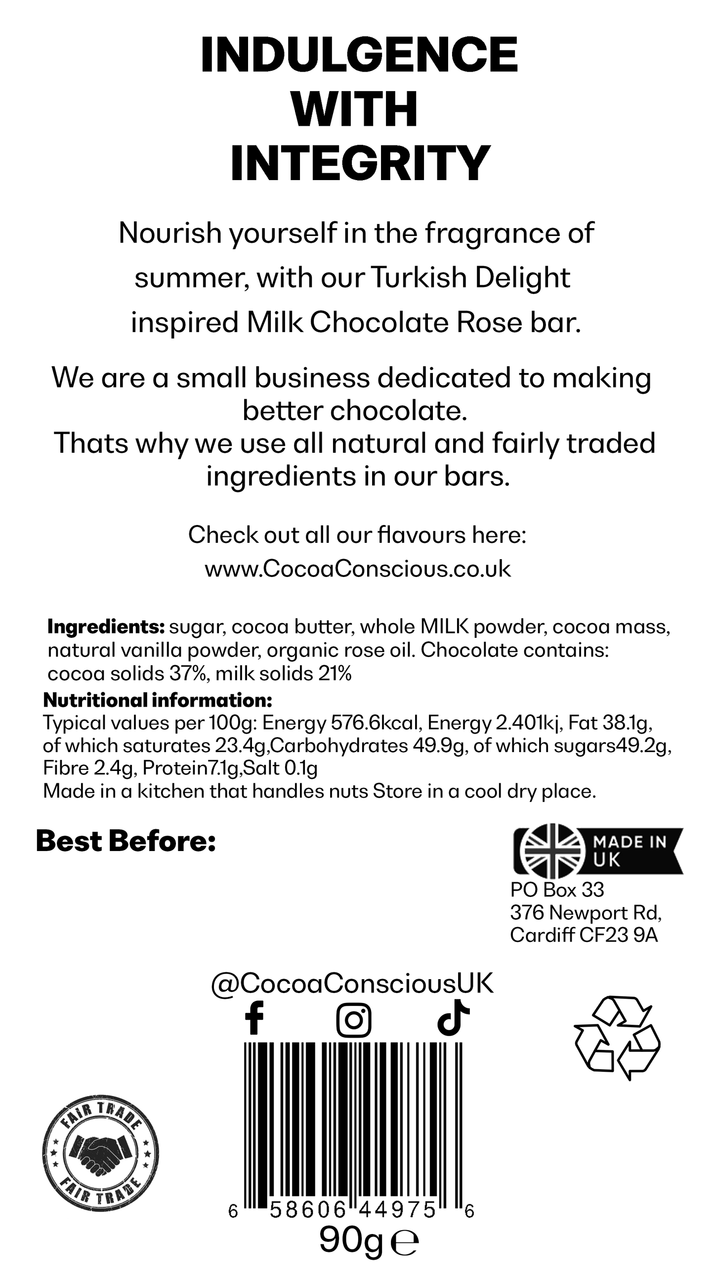 Rose Milk Chocolate Bar 90g